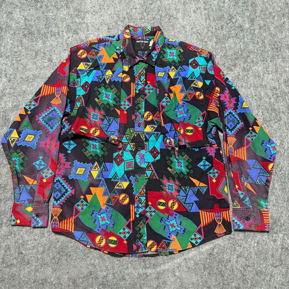 Vintage Frontier Series Geometric Cowboy Western Shirt Size XL Shoulder Pads